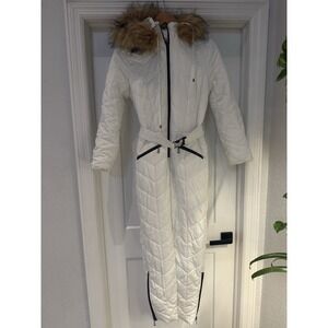 White Black Hooded Ski Snowsuit Faux Fur Belted Zippered Medium SS6